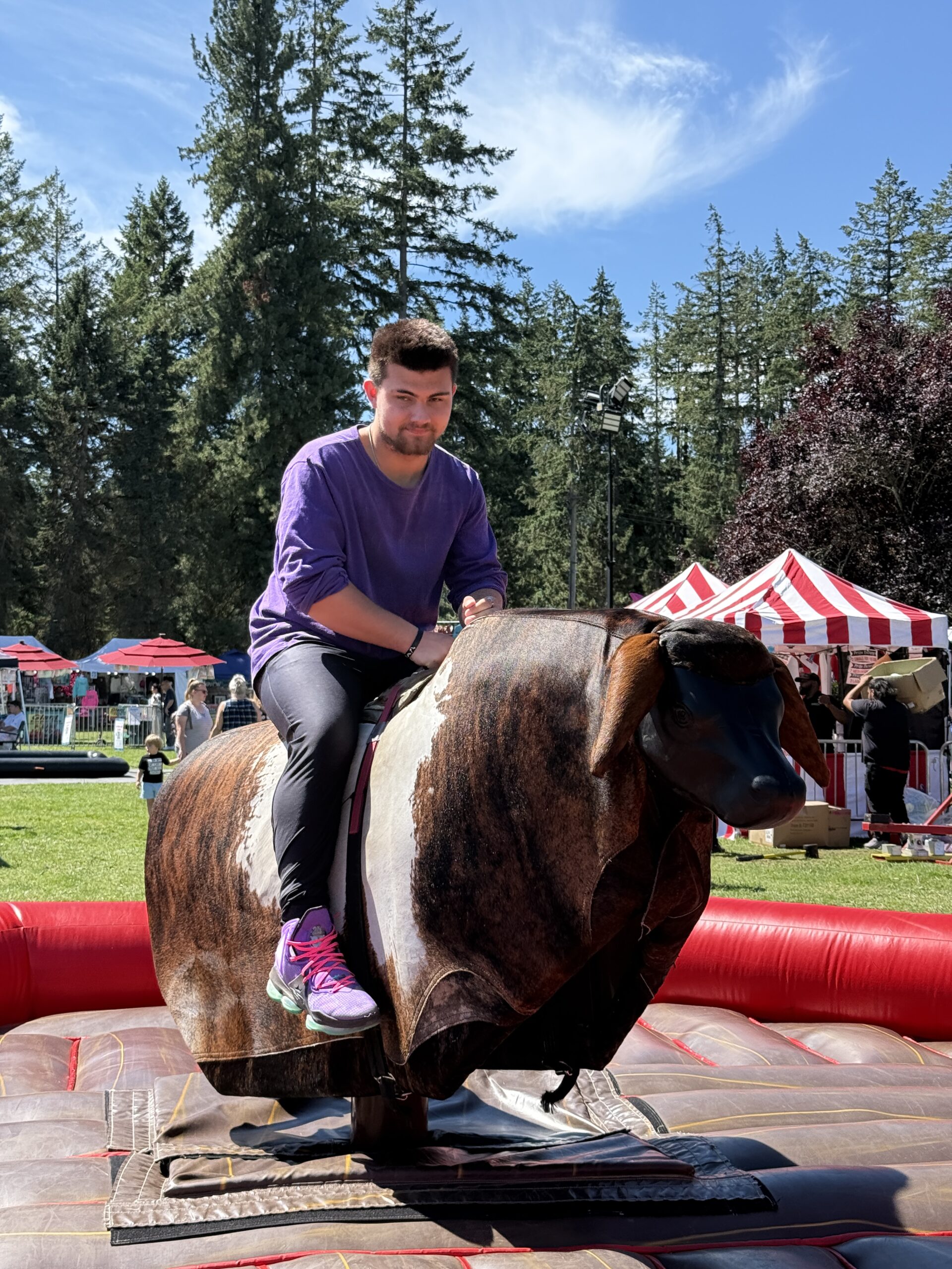 A rider sits on a mechanical bull surrounded by an inflatable safety mat.