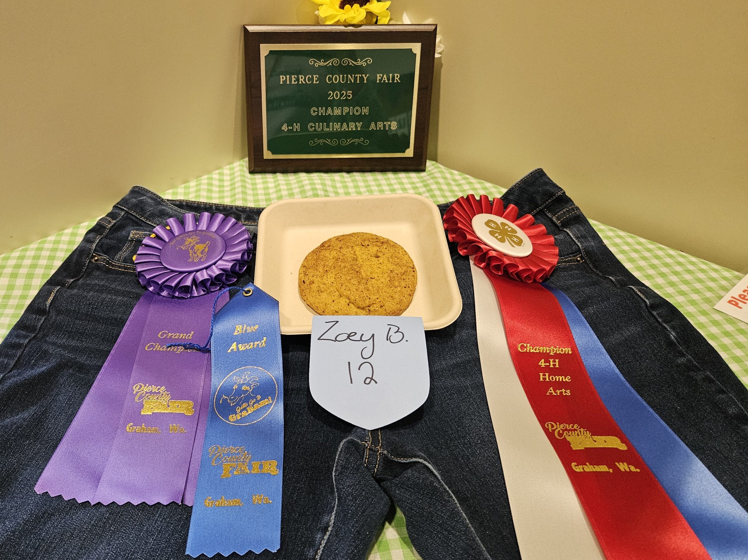 Award-winning 4-H baking exhibit with Grand Champion and blue ribbons.