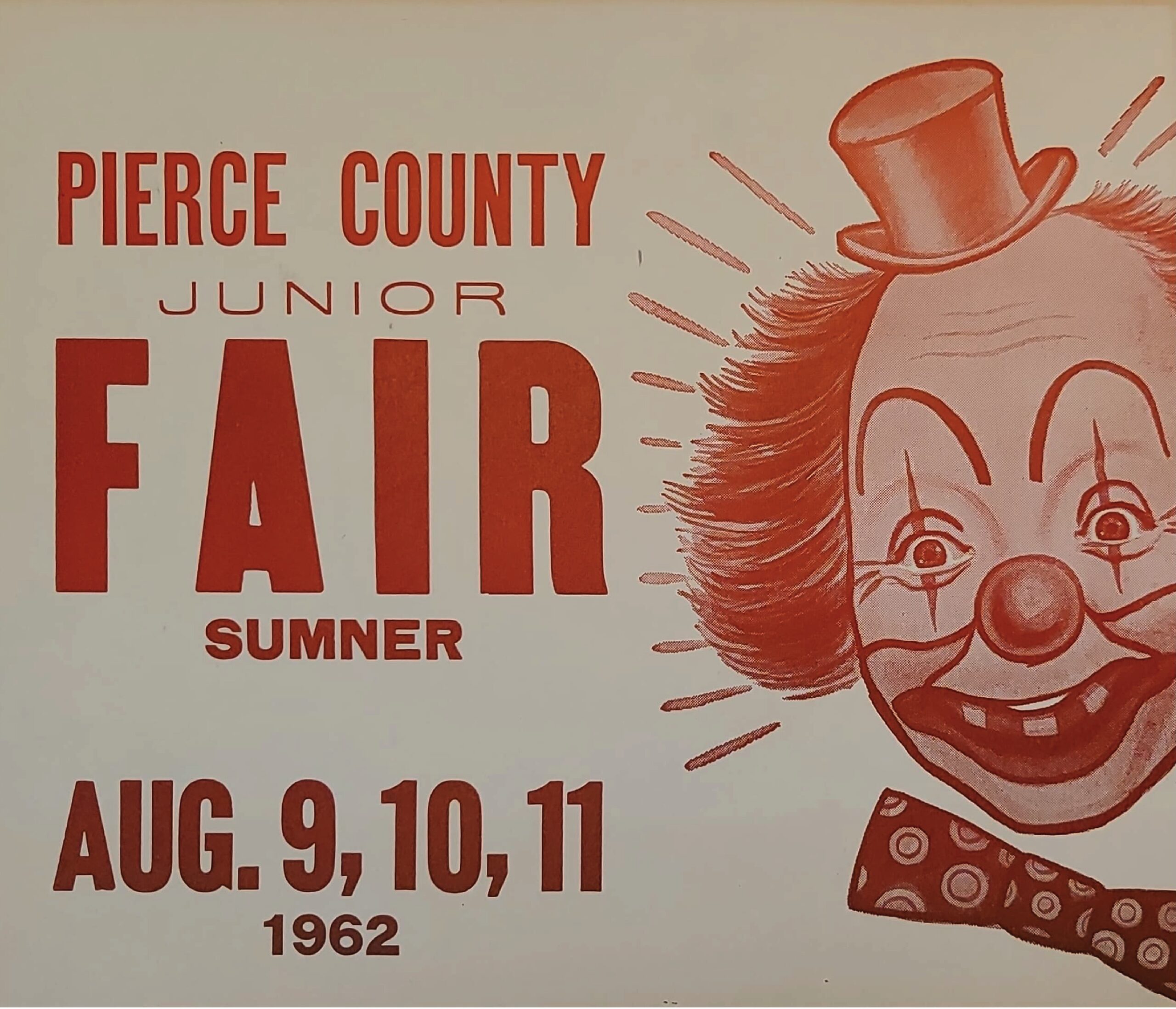 1962 Pierce County Junior Fair poster advertising August 9–11 in Sumner, illustrated with a clown.