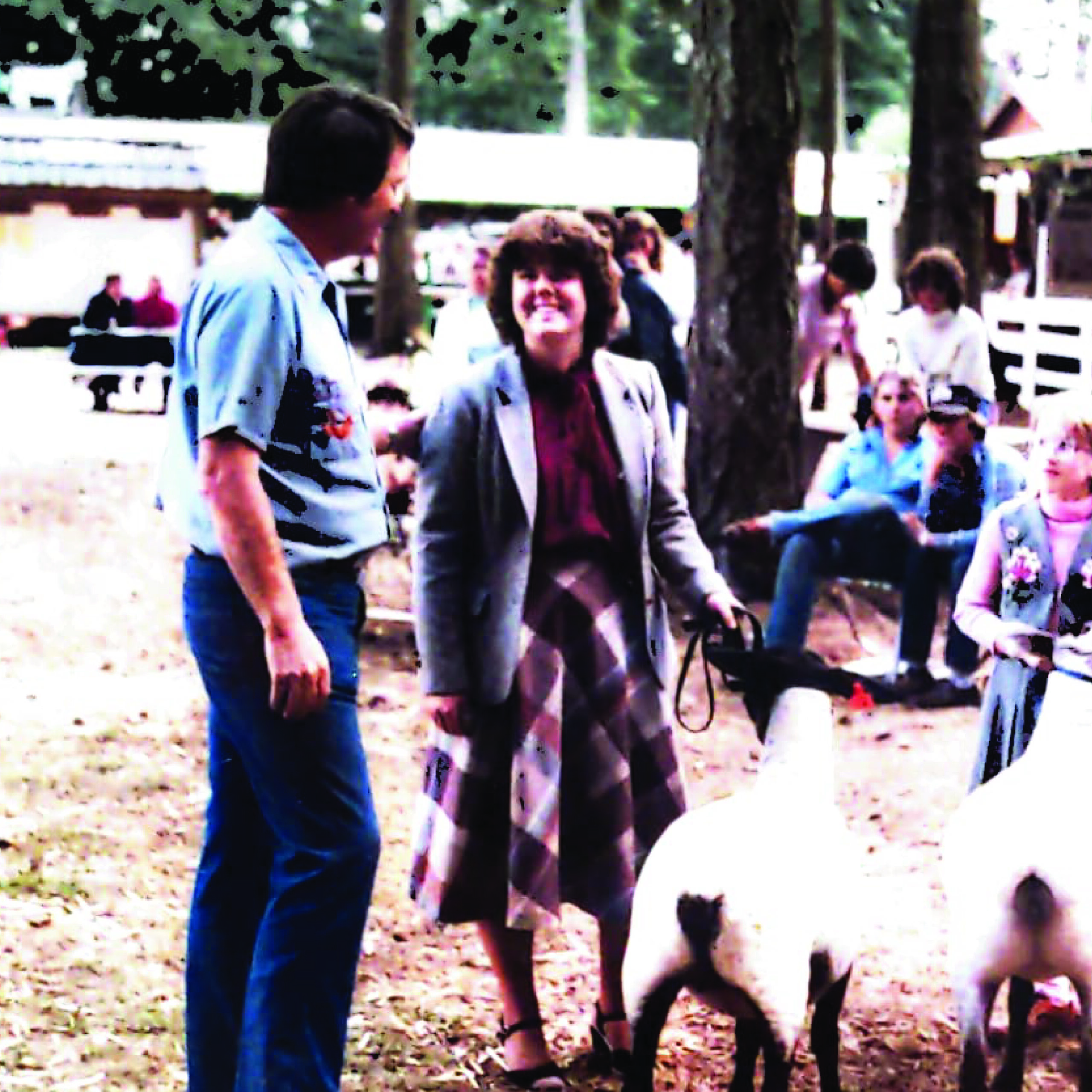 Historical photograph of fair participants standing beside sheep in an outdoor show area.